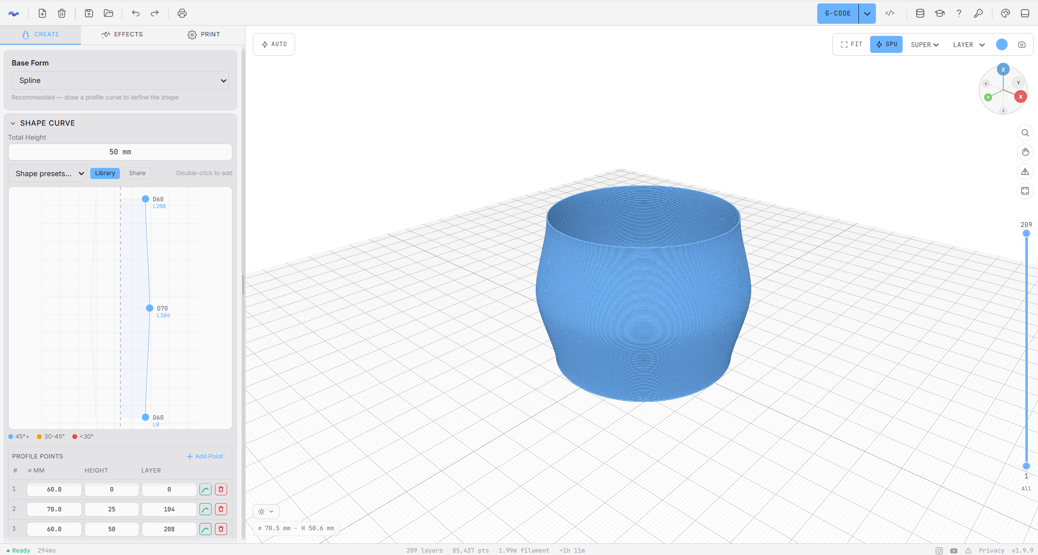 G-code Sculptor: top toolbar with module menu; Create dock with spline profile and point table; central 3D viewport with layer controls; bottom status bar with generation time, layer count, and print estimates