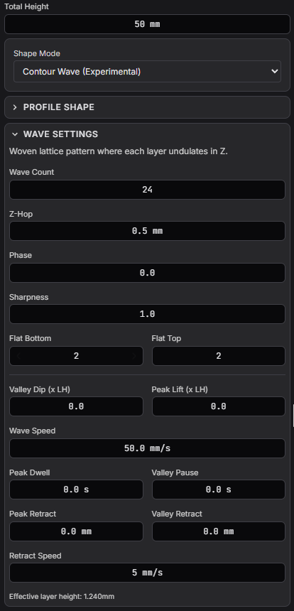 Contour Wave settings: Shape Mode, Wave Count, Z-Hop, Phase, Sharpness, and other wave parameters