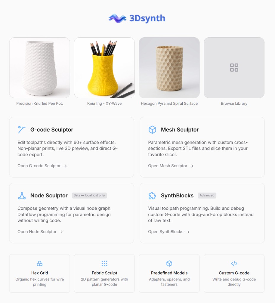 3dSynth home: gallery and Browse Library row; main cards for G-code Sculptor, Mesh Sculptor, Node Sculptor, and SynthBlocks; utility row for Hex Grid, Fabric Sculpt, Predefined Models, Custom G-code, and Texturize